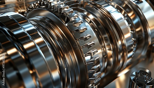 Close-up of a shiny metallic gear mechanism