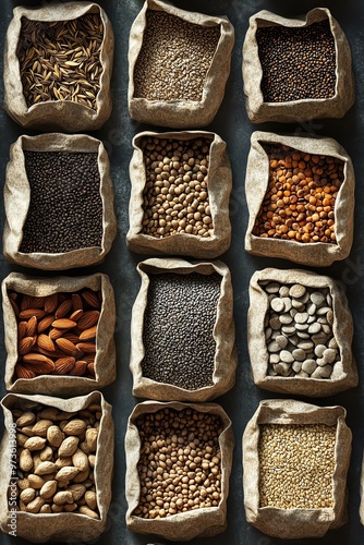 Assorted grains and seeds displayed in rustic bags, showcasing natural variety and organic textures on a dark background. photo