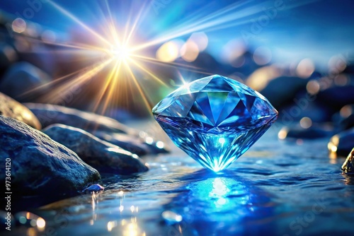 Beautiful blue diamond on rocks and water with bright light shining on it photo