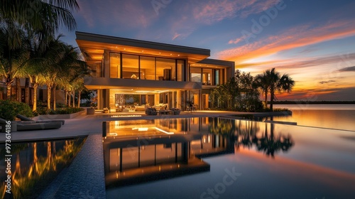 Modern house with infinity pool and palm trees reflecting in the water at sunset.