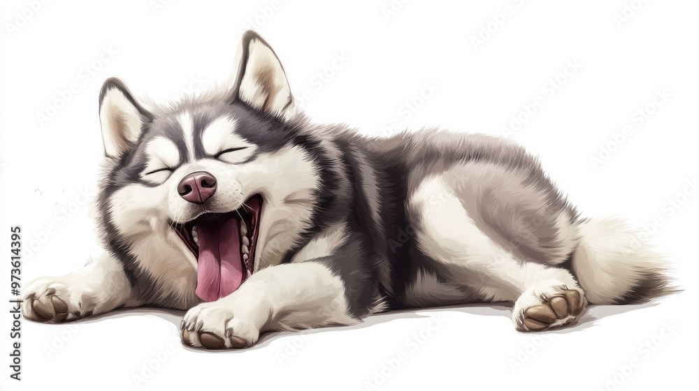 A sleepy cartoon Siberian Husky yawning with one eye half-closed, getting ready for a nap, isolated on white background A sleepy cartoon Siberian Husky yawning with one eye half-closed, getting ready for a nap, isolated on white background