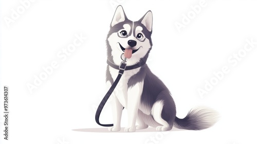 A Siberian Husky cartoon holding a leash in its mouth, ready for a walk, with eager eyes, isolated on white background