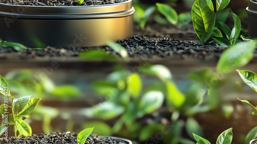 Close-up of young green plants growing in pots with rich soil, bathed in warm sunlight, representing growth and natural beauty. photo