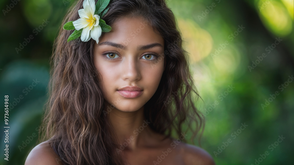 A beautiful young Hawaiian girl with a tropical flower in her hair. Lush green background. Serene expression and natural beauty. Outdoors. A peaceful island vibe. Teenager. A beautiful young Hawaiian girl with a tropical flower in her hair. Lush green background. Serene expression and natural beauty. Outdoors. A peaceful island vibe. Teenager.