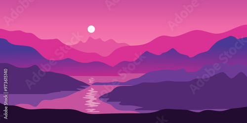 Sun set landscape purple color, mountain, sky, ocean water, hill and sky for background design.