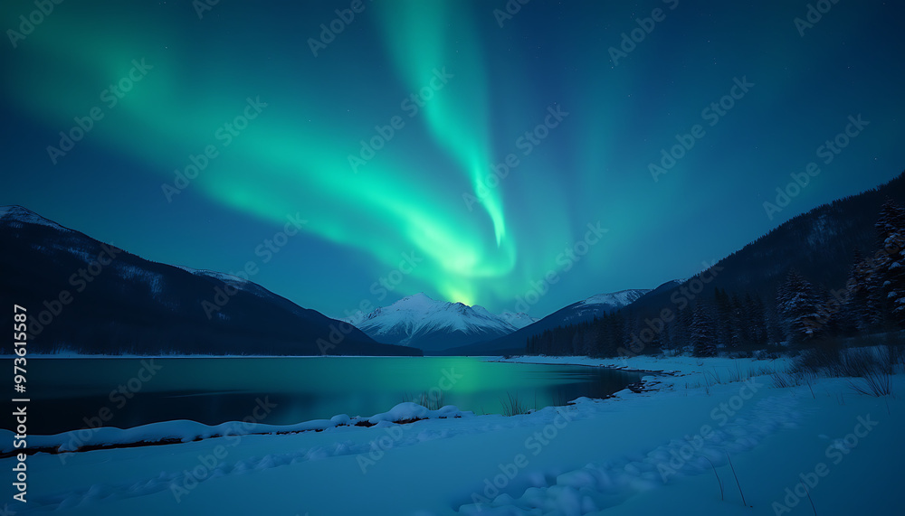 Naklejka premium A breathtaking winter scene featuring a frozen lake beneath a vibrant aurora borealis