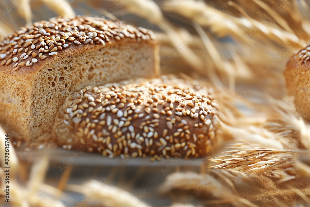 Freshly baked whole grain bread with sesame seeds, surrounded by wheat stalks, highlighting the natural ingredients and rustic simplicity. Freshly baked whole grain bread with sesame seeds, surrounded by wheat stalks, highlighting the natural ingredients and rustic simplicity.