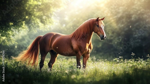 A chestnut horse stands in a field of wildflowers with the sun shining through the trees in the background.