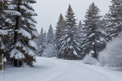 Stunning Winter Landscape Featuring Snow Covered Pines and Soft Color Tones