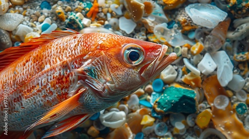 Microplastics found in marine life, with a cross-section view revealing tiny particles ingested by fish, highlighting the pervasive pollution problem. This close-up view underscores the far-reaching 