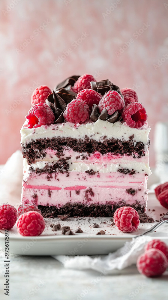Pink icebox cake with chocolate and raspberries