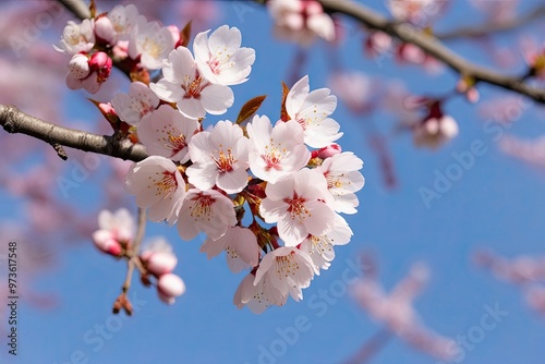 Spring Cherry Blossoms on a Simple Branch with Delicate Pink and White Petals photo