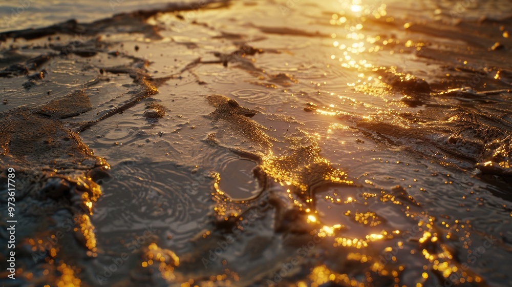 Glossy surface of oil spill on wet soil Glossy surface of oil spill on wet soil