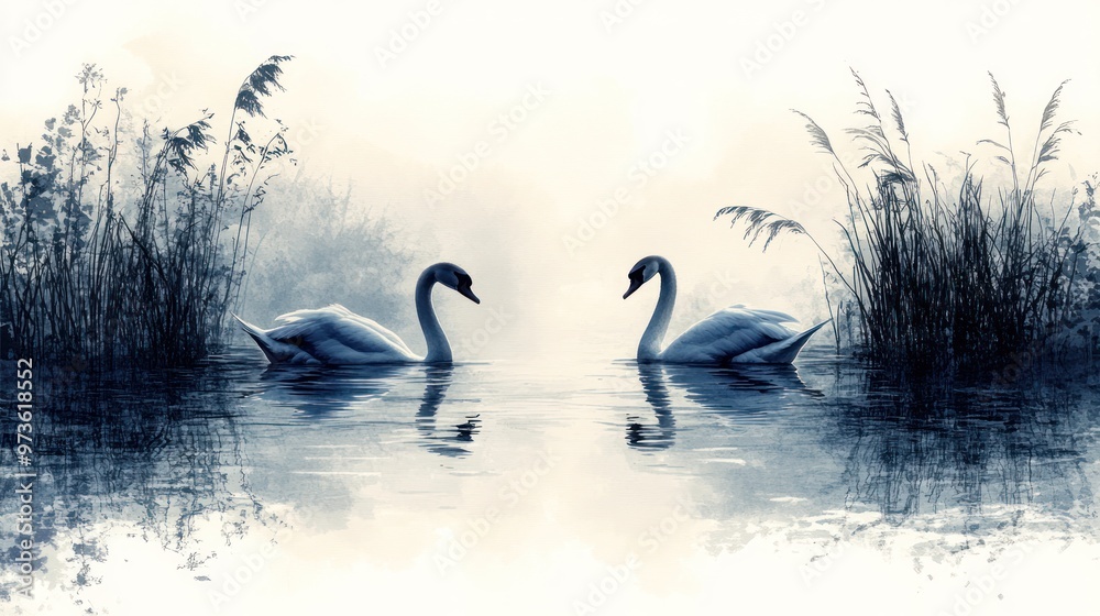 Fototapeta premium Serene swans gliding on a misty lake surrounded by reeds.