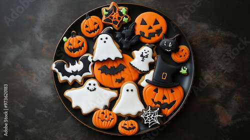Colorful Halloween cookies with text space