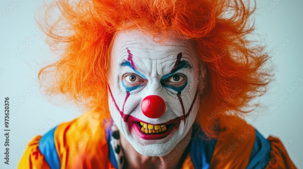 Close-up portrait of a creepy clown with red hair and a sinister smile. Close-up portrait of a creepy clown with red hair and a sinister smile.