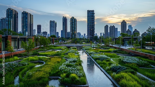Green infrastructure in urban planning, featuring a city view with integrated green spaces, green roofs, and rain gardens seamlessly blended into the urban fabric. 