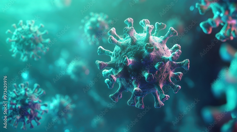 A detailed, close-up image of a virus with a blue and pink color scheme. The virus has a spiky exterior and is surrounded by a blurry background of other viruses. A detailed, close-up image of a virus with a blue and pink color scheme. The virus has a spiky exterior and is surrounded by a blurry background of other viruses.