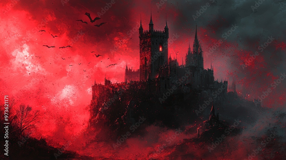 Fototapeta premium Dark Castle Silhouette Against Red Sky with Bats Flying