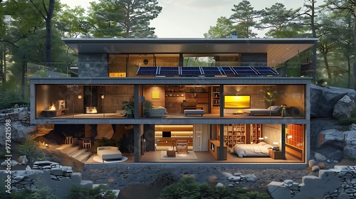 Efficiently designed passive solar home, with a cutaway view revealing the home's interior layout, including solar panels, thermal mass walls, and natural light channels.  photo