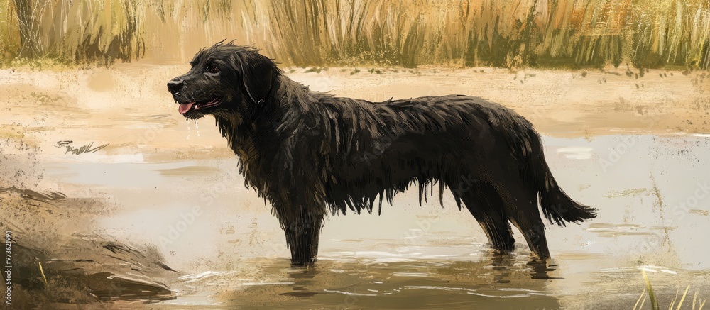 A wet medium large black dog stands on the riverbank after enjoying some water play A wet medium large black dog stands on the riverbank after enjoying some water play