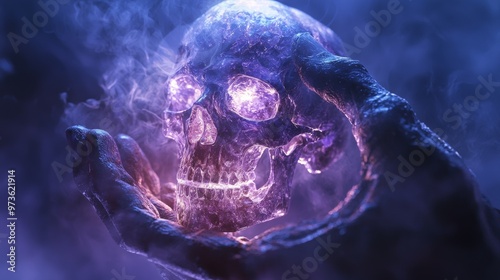 Glowing Crystal Skull in Hands with Smoke
