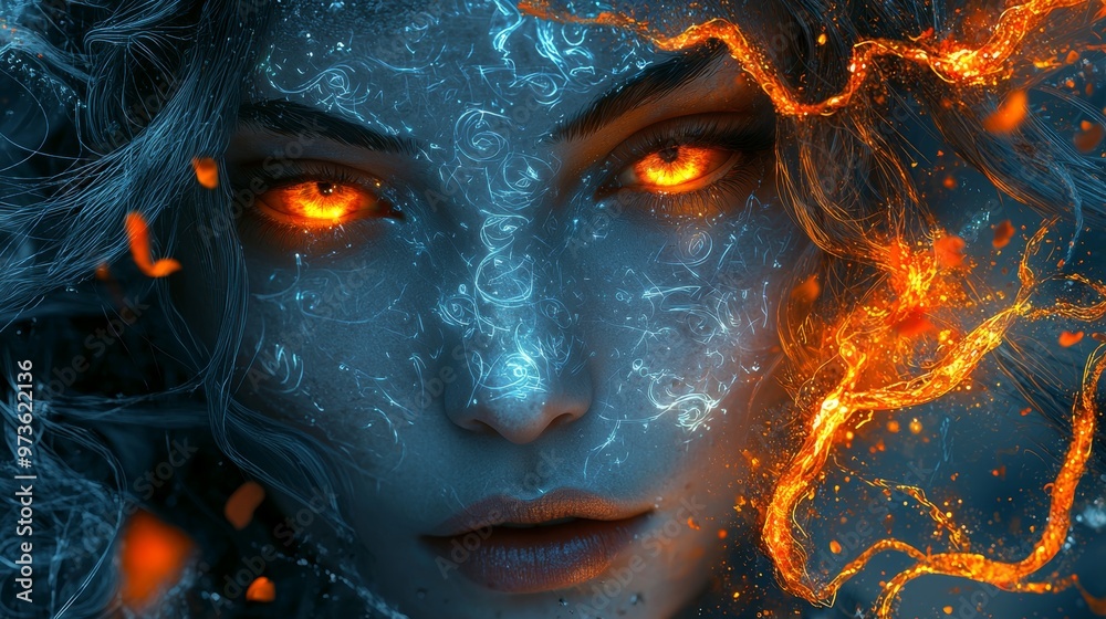 Woman with Fire and Water on Face Woman with Fire and Water on Face