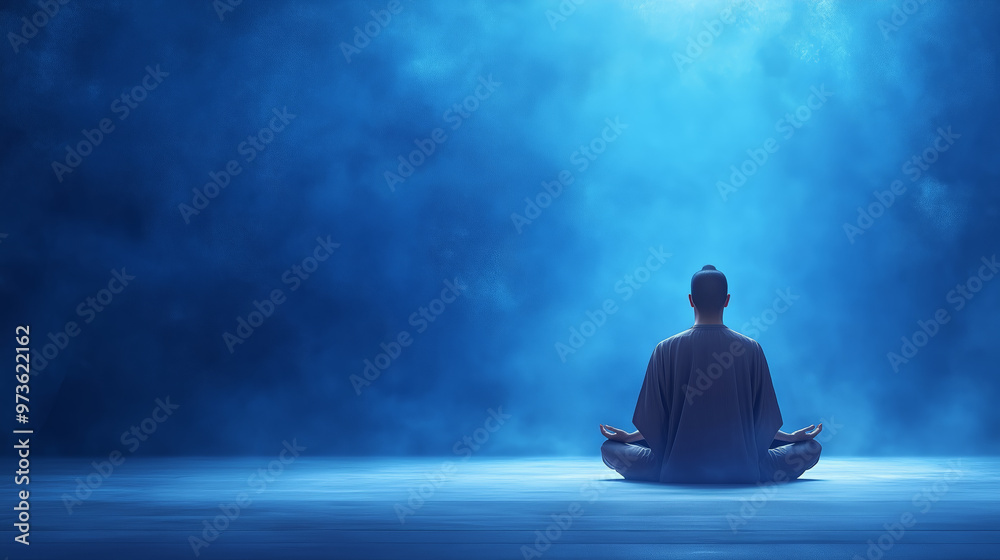 Meditator in a serene blue atmosphere during evening hours Meditator in a serene blue atmosphere during evening hours