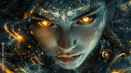 Mystical Woman with Fire Eyes and Golden Sparkles