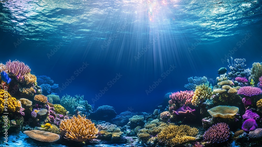 Fototapeta premium Enchanting Underwater Scene with Vibrant Coral Reefs and Diverse Marine Life, Highlighting the Breathtaking Beauty and Biodiversity of the Ocean Ecosystem