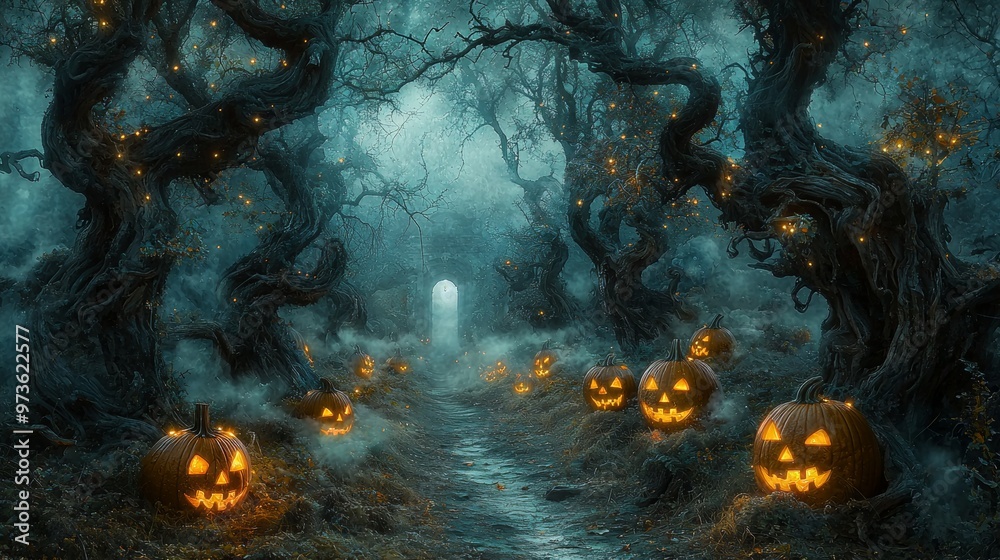 Spooky Halloween Forest Path with Jack o Lanterns Spooky Halloween Forest Path with Jack o Lanterns