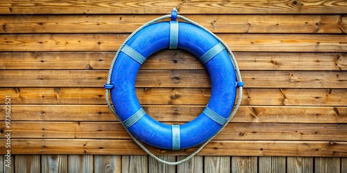 Blue lifebuoy with ropes hanging from wooden slat wall close-up photo