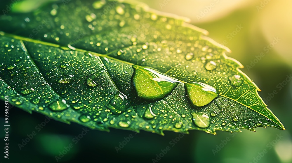 A single dewdrop clings to a green leaf, a perfect moment captured in macro photography. A single dewdrop clings to a green leaf, a perfect moment captured in macro photography.