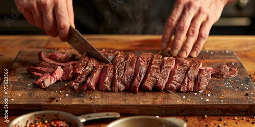 Cutting Flank Steak into Thin Slices on a Wooden Surface photo