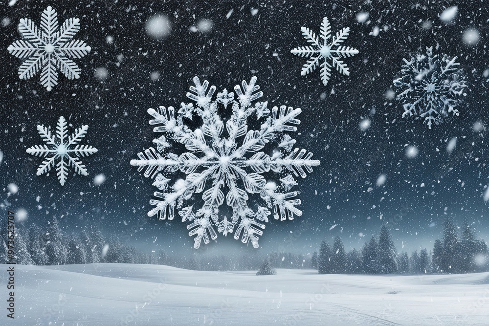 Fototapeta premium Vibrant Snowflakes and Heavy Snowfall on Winter Landscape and Textured Snow Overlay