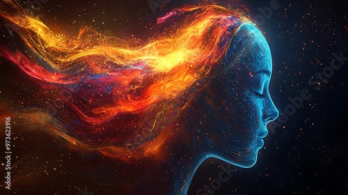 A silhouette outlined with fire and sparkles creates a striking abstract profile, igniting imagination.