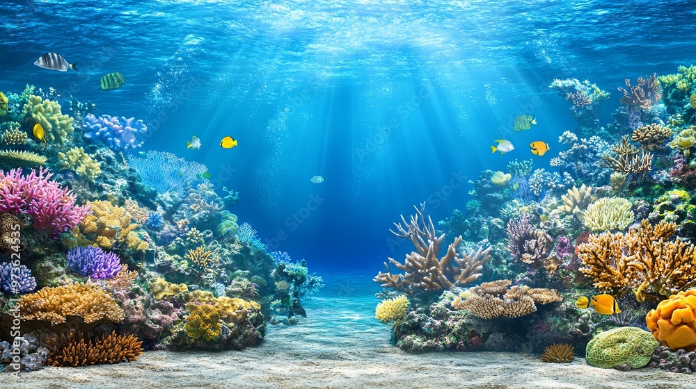 Obraz premium Enchanting Underwater Scene with Vibrant Coral Reefs and Diverse Marine Life, Highlighting the Breathtaking Beauty and Biodiversity of the Ocean Ecosystem