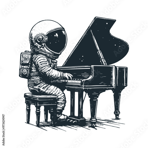 Cute astronaut playing piano. Black white vector. Icon and logo illustration.