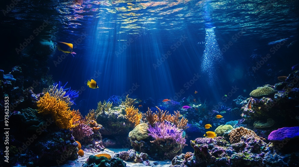 Naklejka premium Enchanting Underwater Scene with Vibrant Coral Reefs and Diverse Marine Life, Highlighting the Breathtaking Beauty and Biodiversity of the Ocean Ecosystem