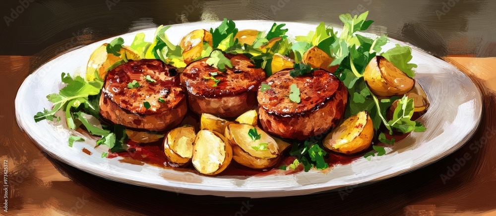 Pork medallions served with crispy potatoes a mixed salad and fresh herbs Pork medallions served with crispy potatoes a mixed salad and fresh herbs