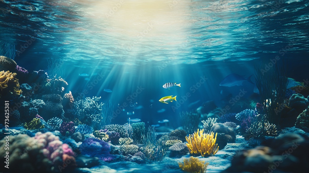 Fototapeta premium Enchanting Underwater Scene with Vibrant Coral Reefs and Diverse Marine Life, Highlighting the Breathtaking Beauty and Biodiversity of the Ocean Ecosystem