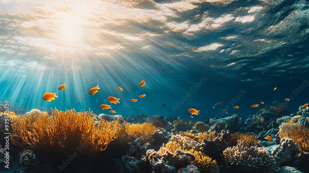 Obraz premium Enchanting Underwater Scene with Vibrant Coral Reefs and Diverse Marine Life, Highlighting the Breathtaking Beauty and Biodiversity of the Ocean Ecosystem