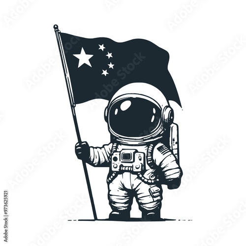 Cute astronaut hold a china flag. Black white vector. Icon and logo illustration.