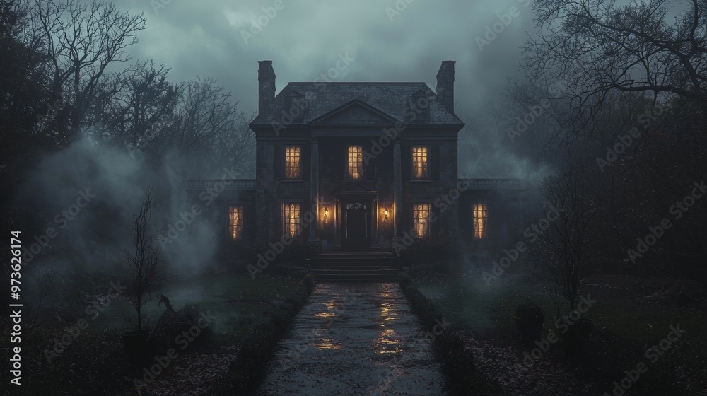 Obraz premium Mysterious Old Mansion in Foggy Forest at Night