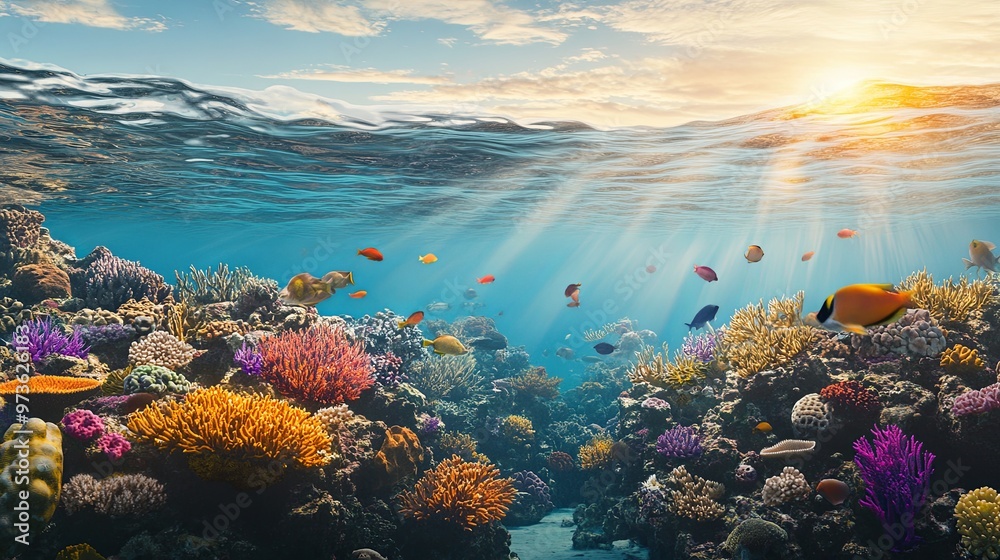 Naklejka premium Enchanting Underwater Scene with Vibrant Coral Reefs and Diverse Marine Life, Highlighting the Breathtaking Beauty and Biodiversity of the Ocean Ecosystem