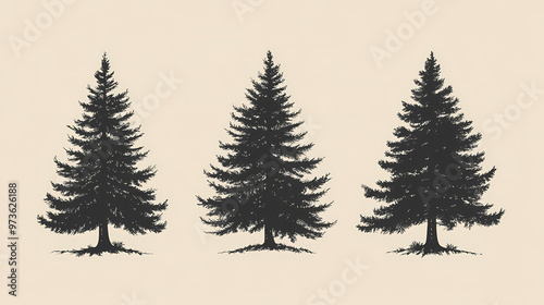 A set of three hand-drawn pine tree silhouettes. Redwood Forest. Illustration