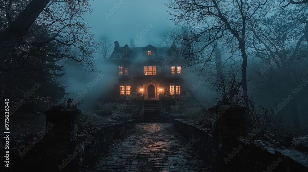 Mysterious Stone House in Foggy Forest at Night
