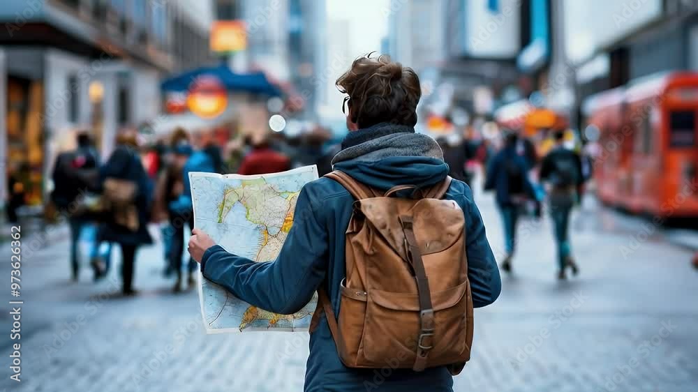 A traveler holding a map in a busy urban street, exploring the surroundings. A traveler holding a map in a busy urban street, exploring the surroundings.