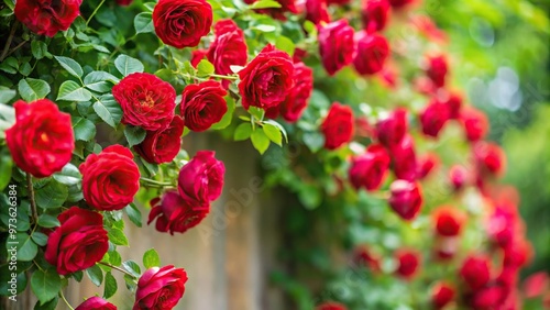 Branch of climbing rose with red flowers in the garden photo