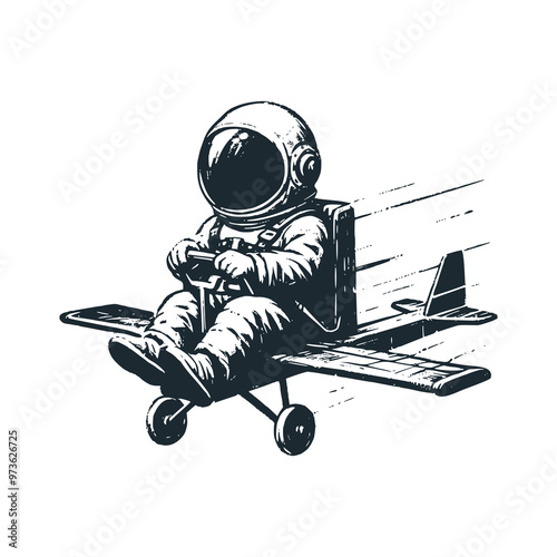 Cute astronaut riding an aeroplane. Black white vector icon and logo illustration